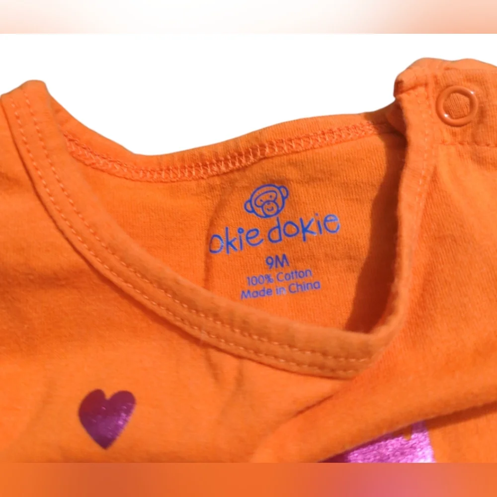 Okie Dokie Orange Owl Print Baby Bodysuit Size 9 Months.